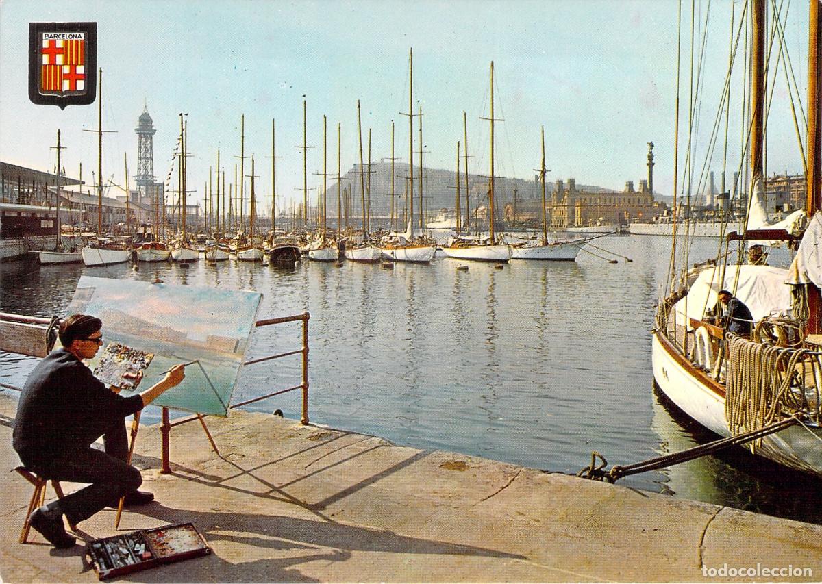 Postales: Postal del Puerto de Barcelona con pintor trabajando en el muelle