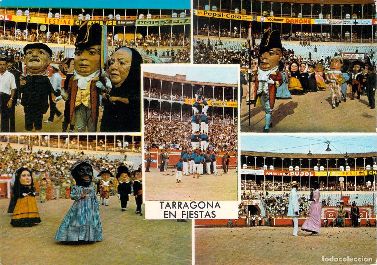 Postales: Postal de Tarragona con cabezudos y castells en fiestas