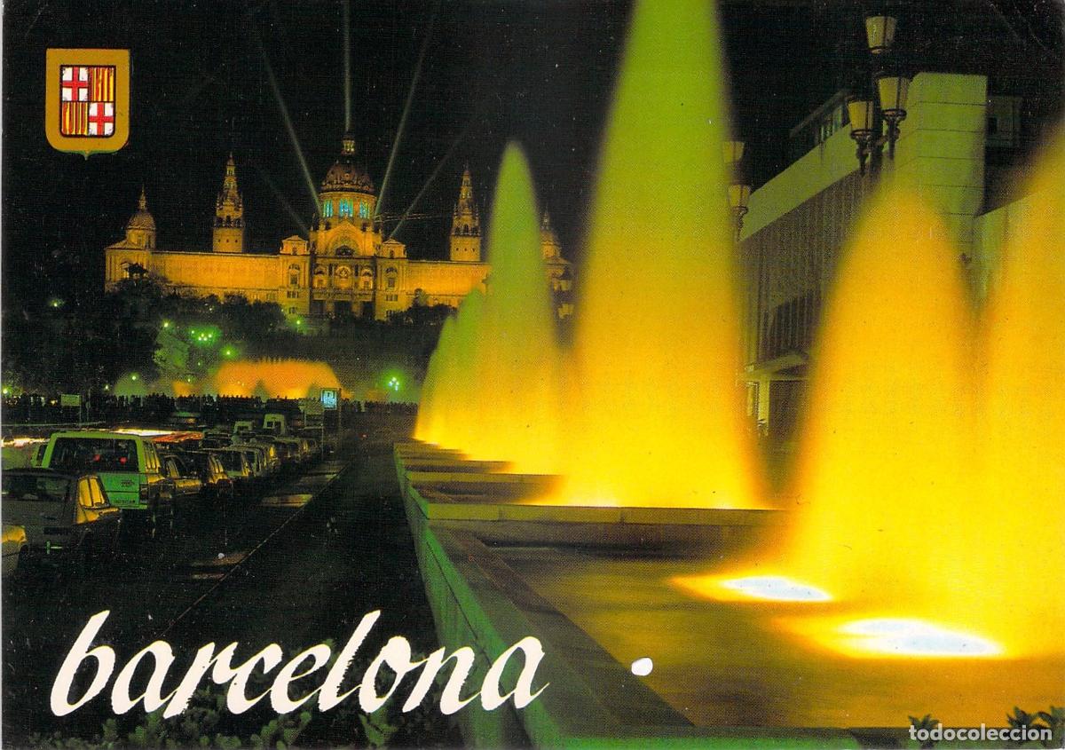 Postales: Postal de Barcelona: Fuentes y Palacio Nacional de Montjuic de noche