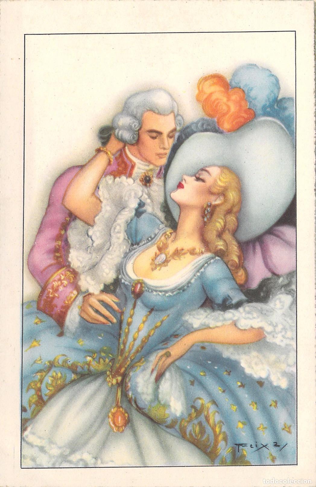 Postales: Postal con ilustraci&oacute;n rom&aacute;ntica de pareja estilo siglo XVIII