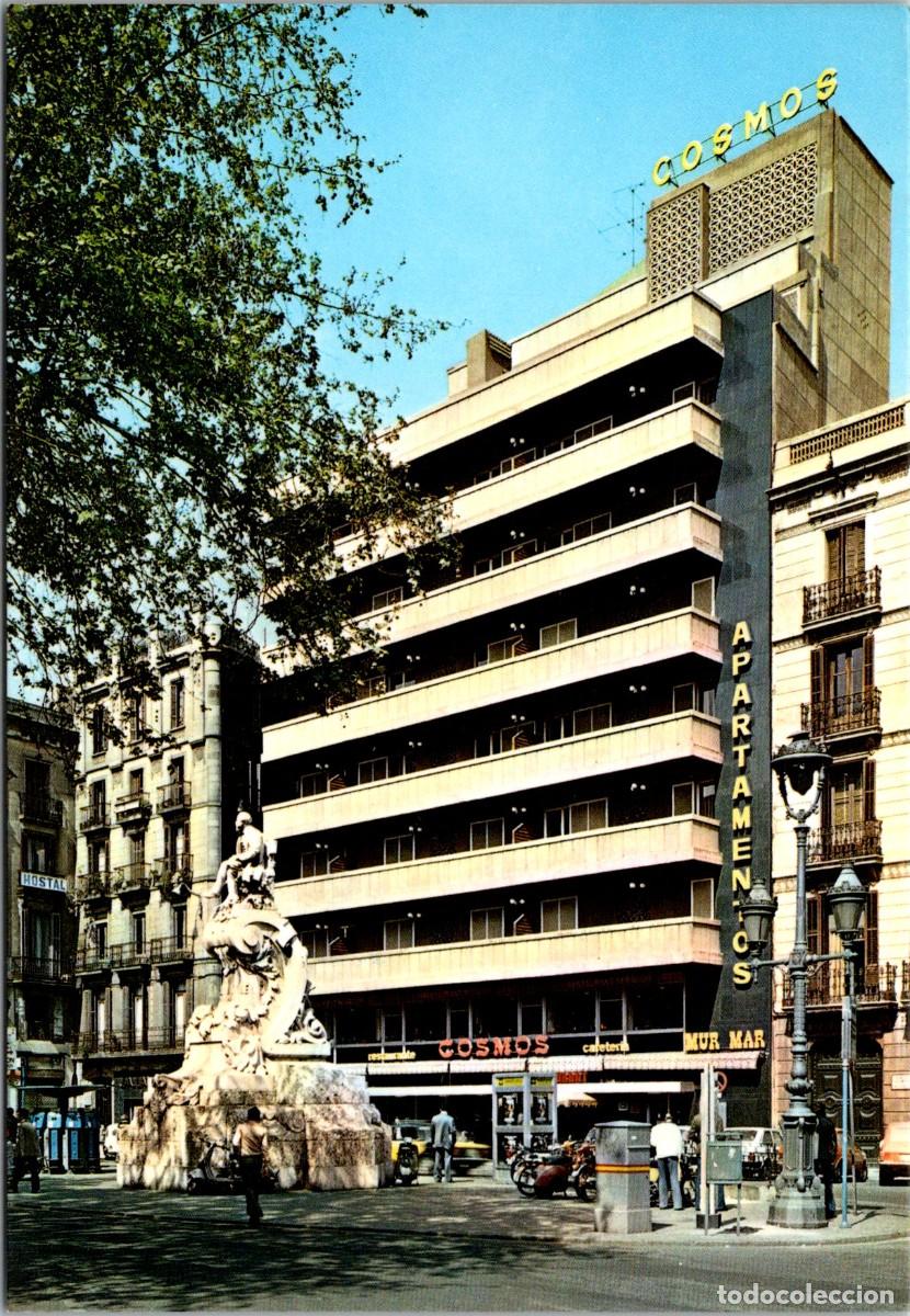 Postales: Barcelona -Ramblas -Plaza del Teatro -Apartamentos Mur-Mar - Cafeter&iacute;a Cosmos - Zerkowitz- 148x102mm