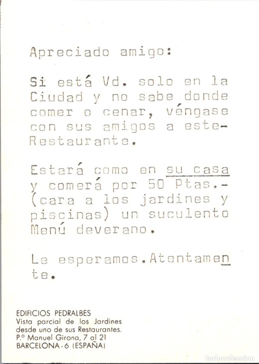 Postales: Barcelona - P&ordm; Manuel Girona -Edificios Pedralbes - V&eacute;ngase al Restaurante comer&aacute; por 50 Ptas - LEER