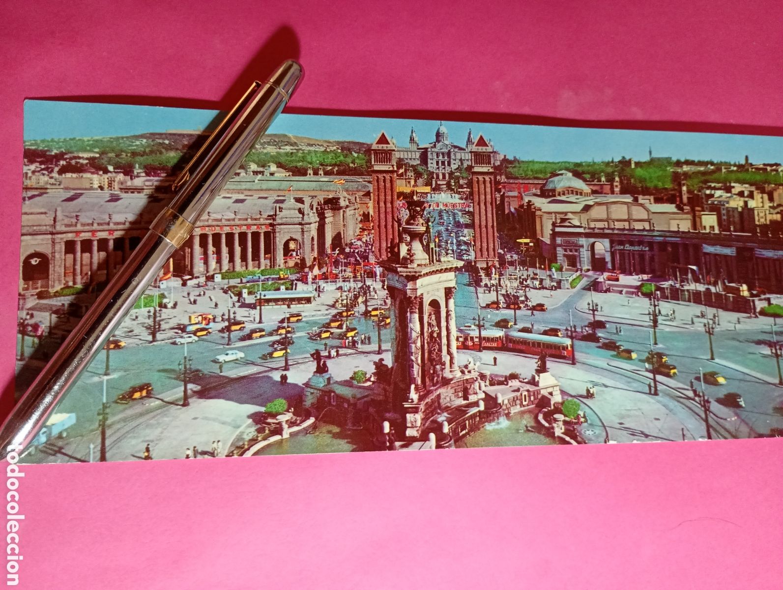 Postales: BARCELONA PLAZA ESPA&Ntilde;A Y ENTRADA FERIA INTERNACIONAL DE MUESTRAS COLOR CIRCULADA DOBLE LONGITUD