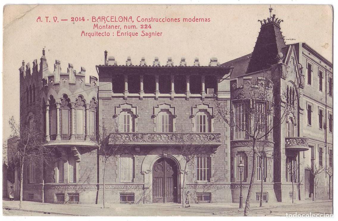 Postales: Barcelona: Construcciones Modernas. Montaner 224. &Aacute;ngel Toldr&aacute; Viazo A.T.V. Circulada (1908)