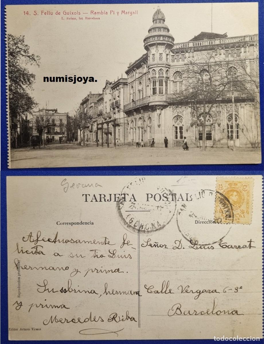 Postales: Postal de S. Feliu de Guixol (Espa&ntilde;a) a&ntilde;o 1910. Rambla Pi y Margall. Ed. ROISIN. Escrita en 1910.