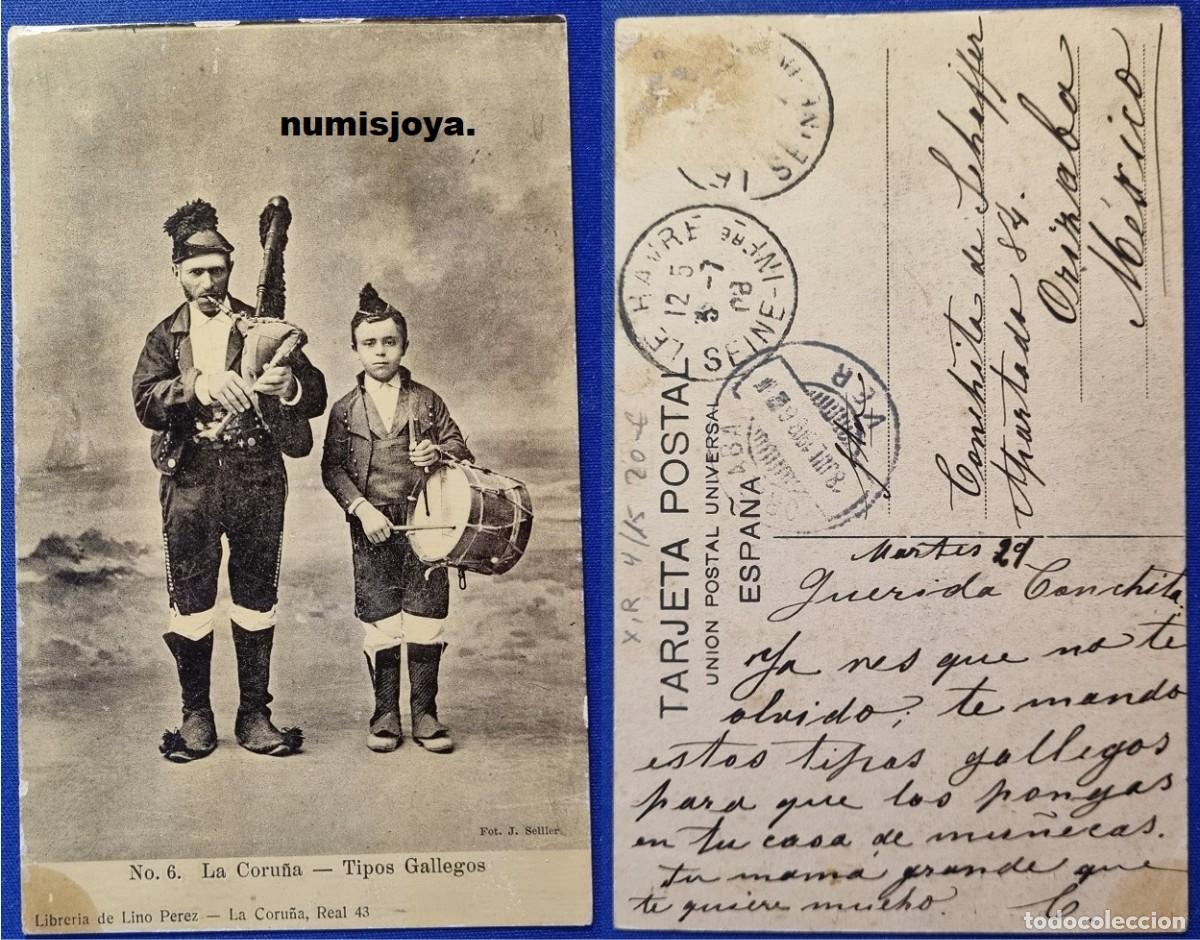 Postales: Postal LA CORU&Ntilde;A (Espa&ntilde;a) a&ntilde;o 1900. TIPOS GALLEGOS. Fot. J. SELLIER escrita en 1908.