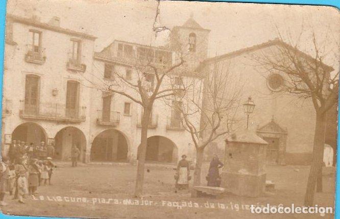 Postales: LA LLACUNA, PLA&Ccedil;A MAJOR. FACHADA DE LA IGLESIA. N&ordm; 6. ELOY. CIRCULADA EN 1917.