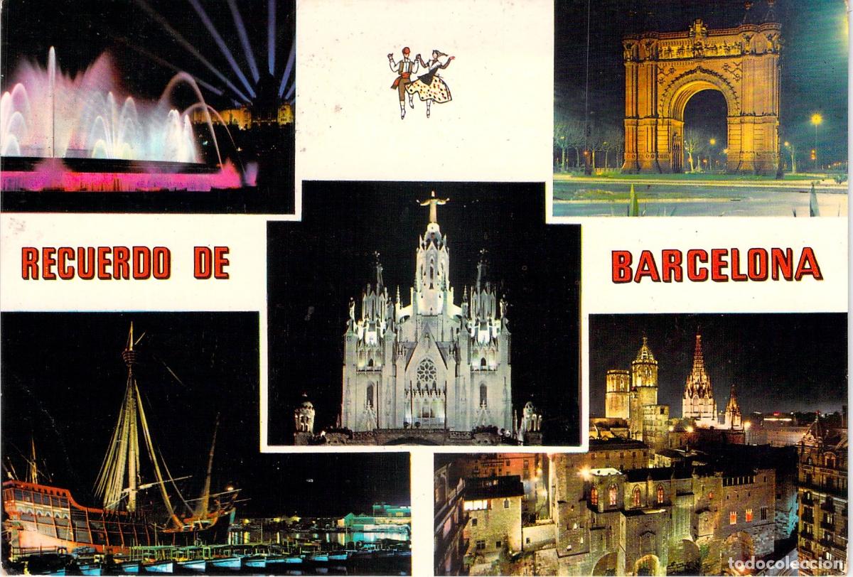 Postales: Postal de Barcelona nocturna, monumentos y lugares emblem&aacute;ticos