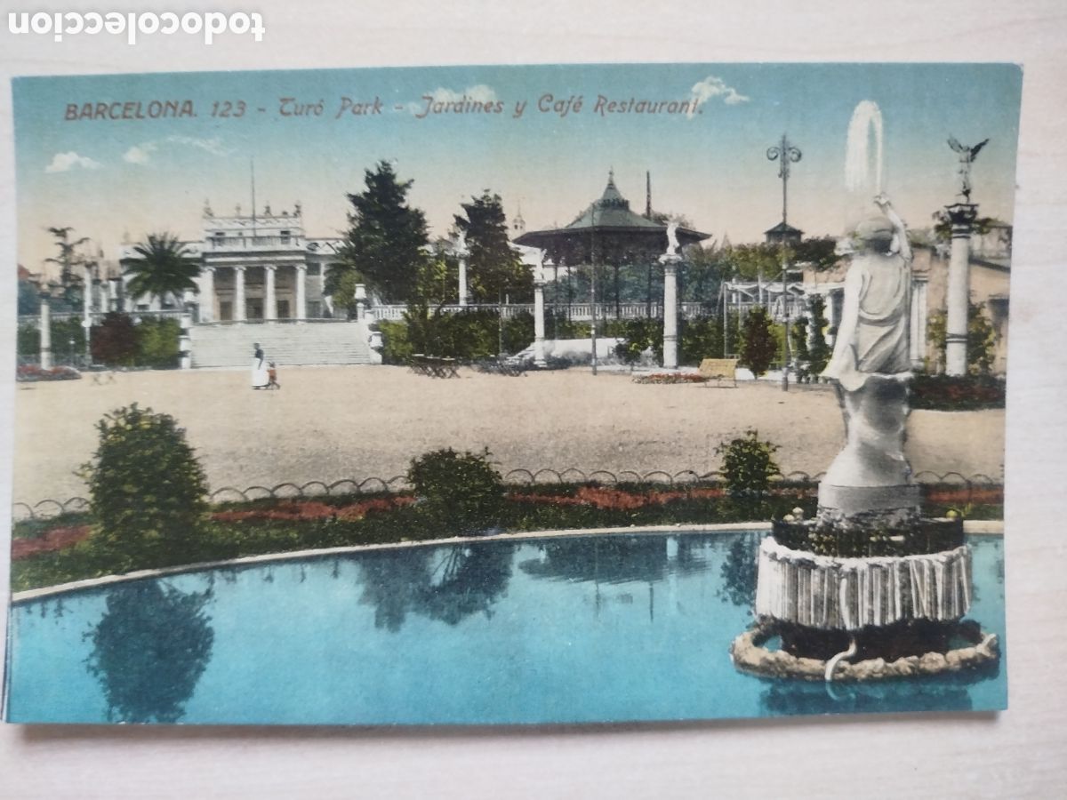 Postales: Postal Antigua Barcelona - Tur&oacute; Park Jardines y Caf&eacute; Restaurant - Ed. Venini - Coloreada