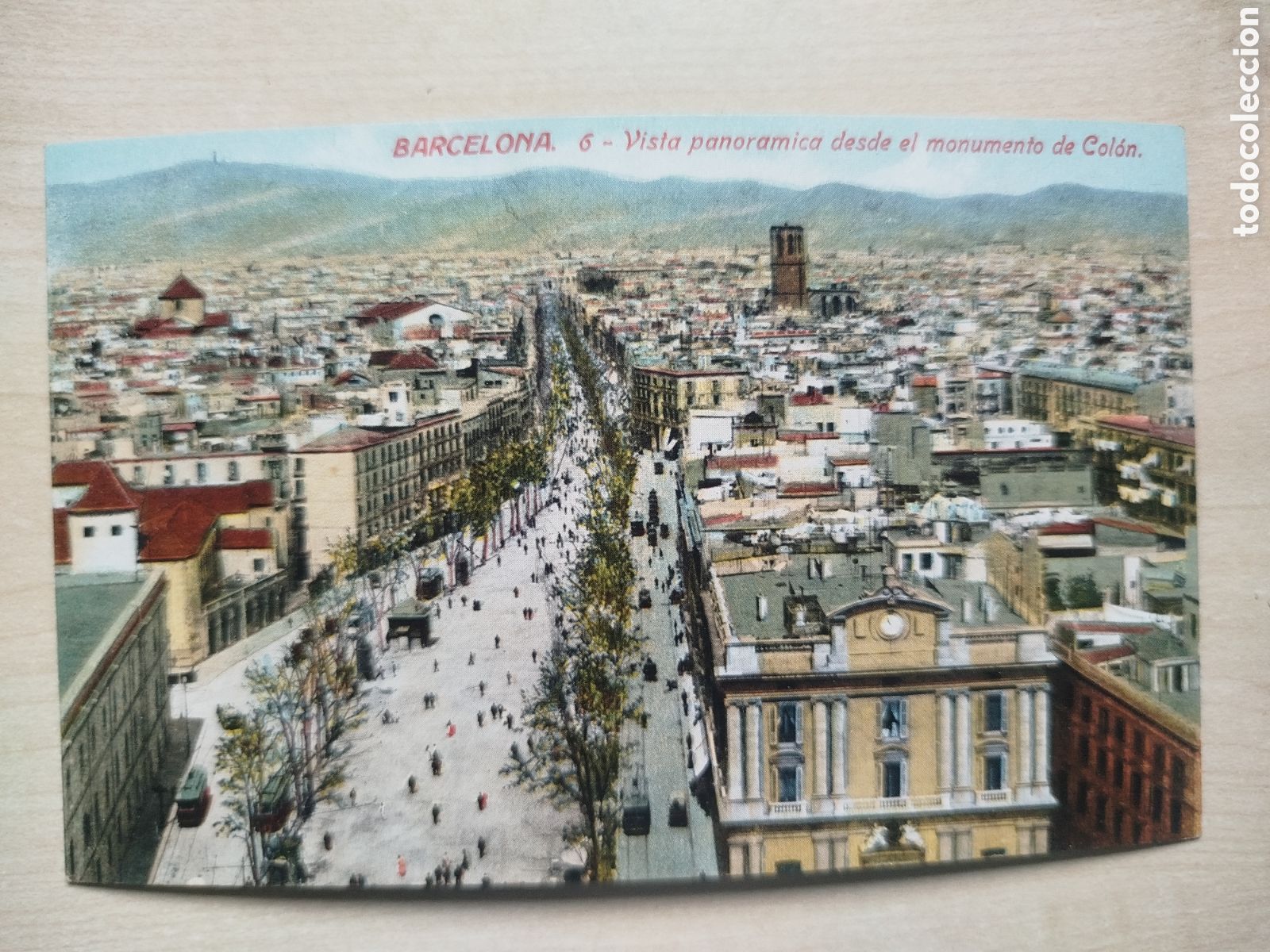 Postales: Postal Antigua Barcelona - Vista Monumento de Col&oacute;n Ramblas - Ed. Venini - Coloreada