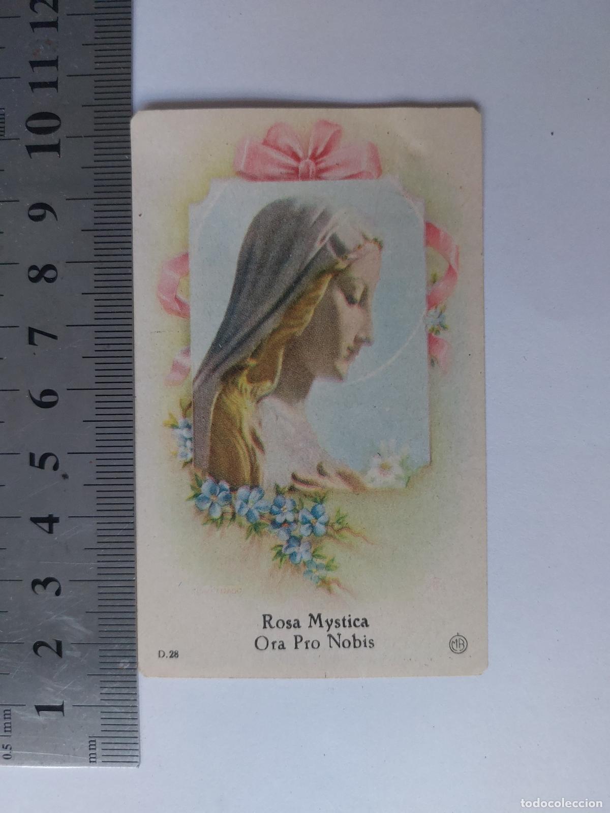 Postales: Estampa religiosa de la Virgen Rosa Mystica con oraci&oacute;n