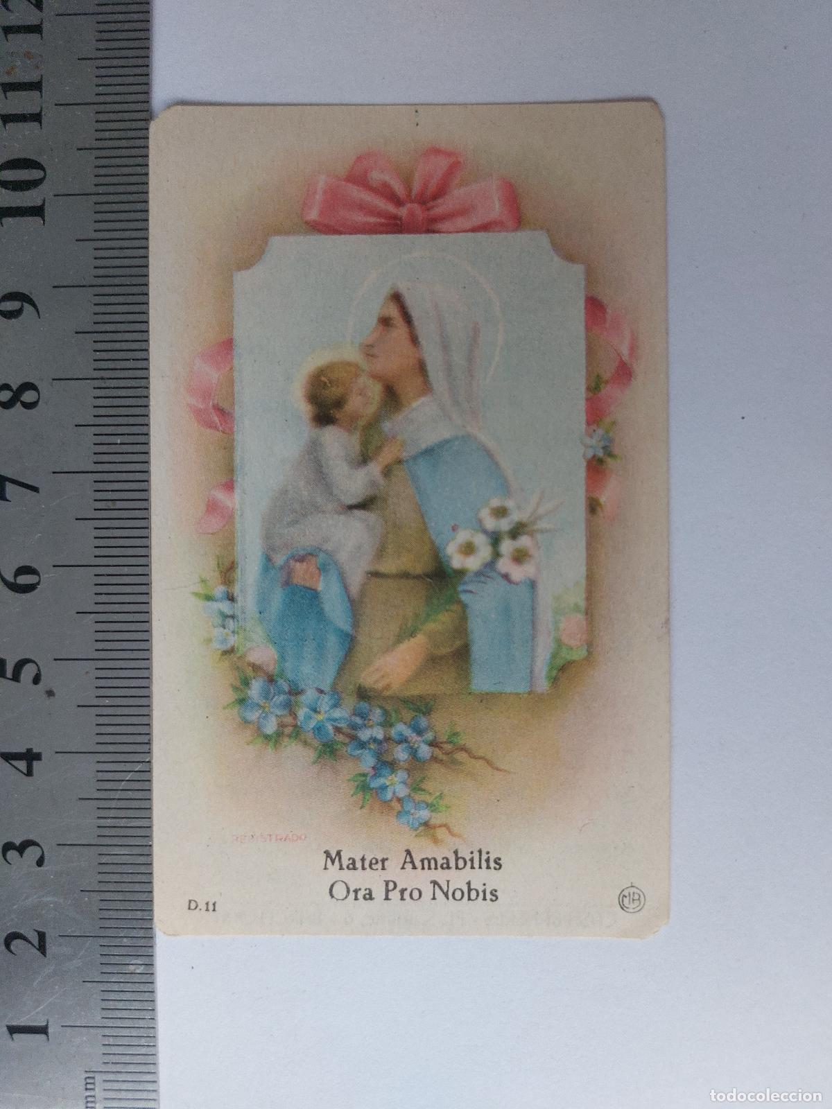 Postales: Estampa religiosa de la Virgen Mater Amabilis con oraci&oacute;n del Rosario