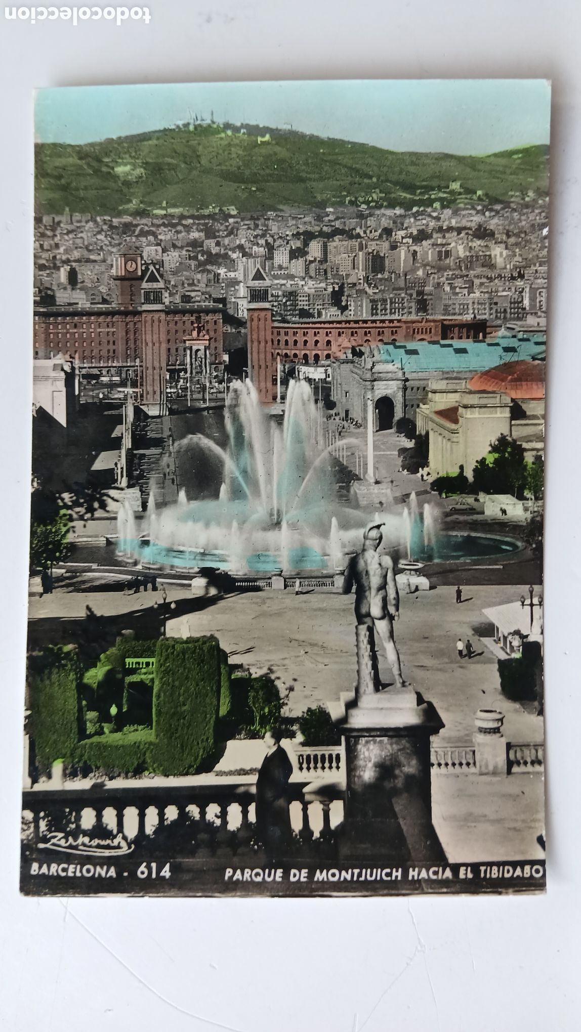 Postales: POSTAL BARCELONA PARQUE MONTJUICH FUENTE MONUMENTAL TORRES VENECIANAS Y TIBIDADO AL FONDO ZERKOWITZ