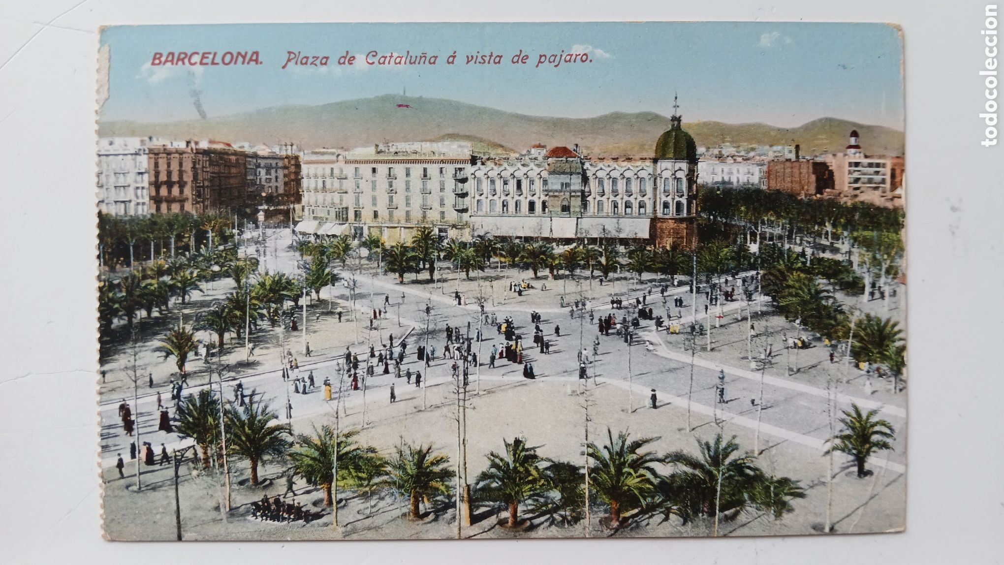 Postales: POSTAL BARCELONA COLOREADA PLAZA CATALU&Ntilde;A PANOR&Aacute;MICA JORGE VENINI CIRCULADA 1916