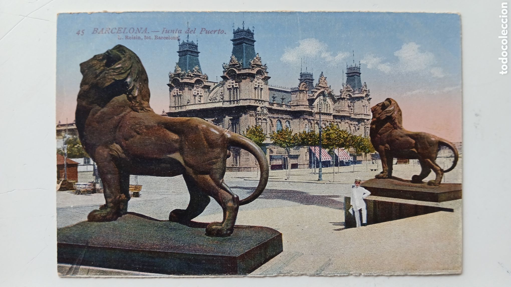 Postales: POSTAL BARCELONA COLOREADA PUERTO LEONES PIE COL&Oacute;N ROISIN 45 SIN CIRCULAR