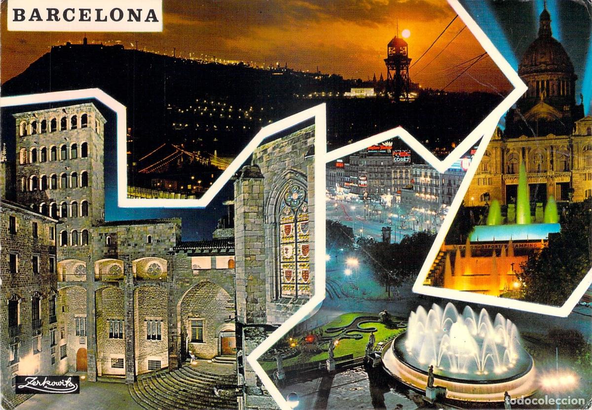 Postales: Postal de Barcelona Noche Montaje Monumentos