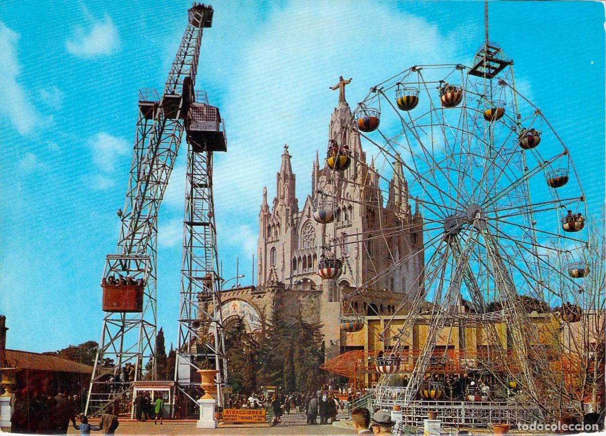 Postales: Postal de Barcelona Templo del Sagrado Coraz&oacute;n y Parque de Atracciones Tibidabo