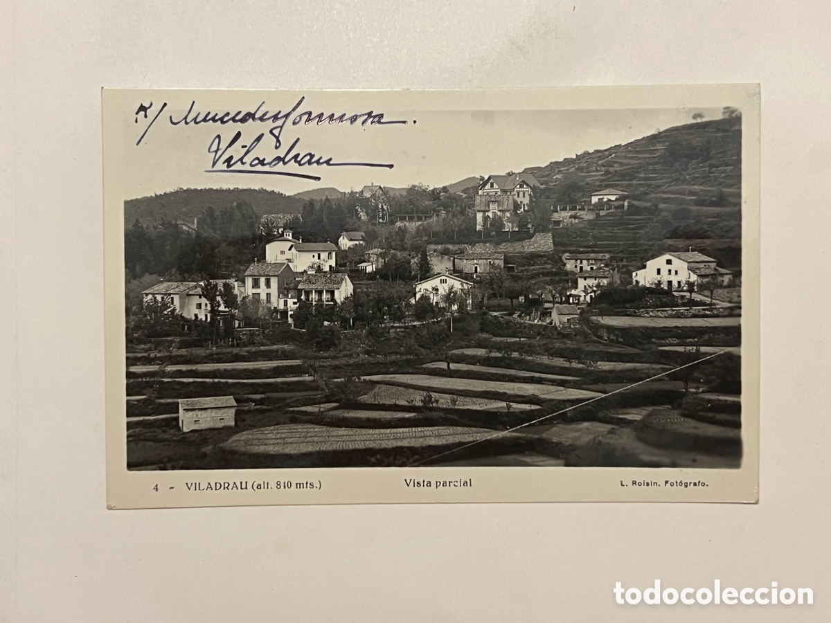 Postales: VILADRAU (Girona) Postal No.4, (alt. 810 mts.) Vista parcial. Roisin (h.1950?) circulada