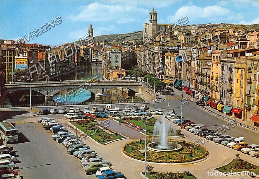 Postales: Plaza Catalu&ntilde;a y R&iacute;o O&ntilde;ar (Gerona) - Sin Circular - A&ntilde;os 60 - Con bastantes coches de la &eacute;poca