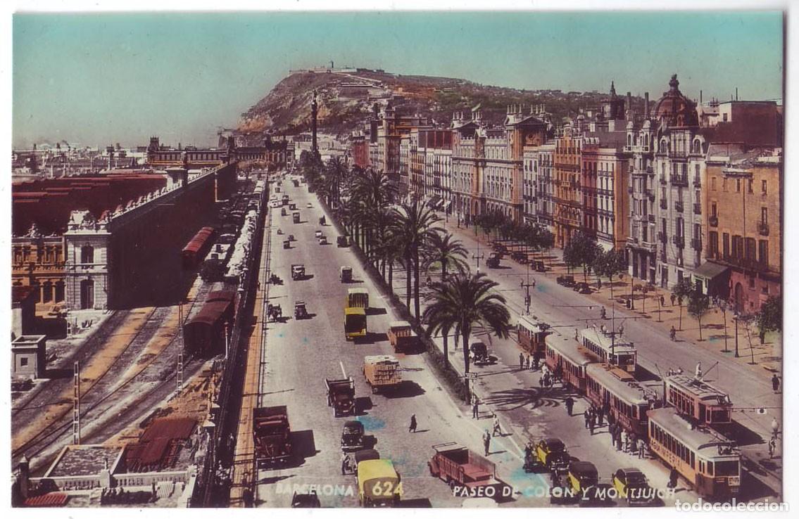 Postales: Barcelona: Paseo de Col&oacute;n y Montjuich. Talleres A. Zerkowitz. No circulada (A&ntilde;os 50)