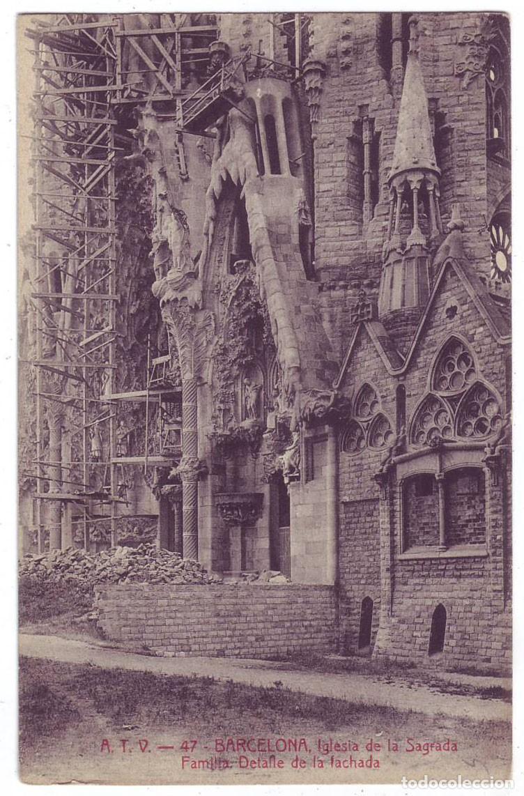 Postales: Barcelona: Iglesia de la Sagrada Familia. Detalle de la fachada. Angel Toldr&aacute; Viazo- A.T.V. (A&ntilde;os10)