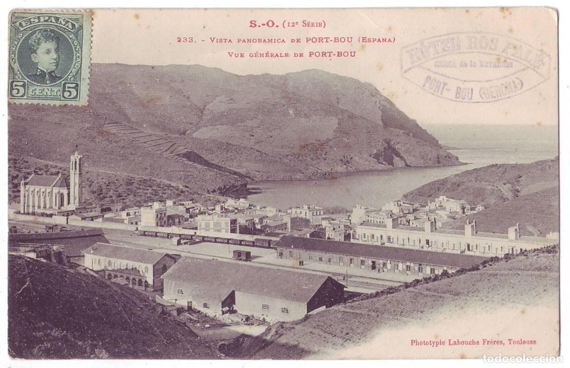 Postales: Port-Bou (Gerona): Vista Panor&aacute;mica de Port-Bou. Labouche Fr&eacute;res. Hotel Ros Pal&eacute;. Circulada (1906)