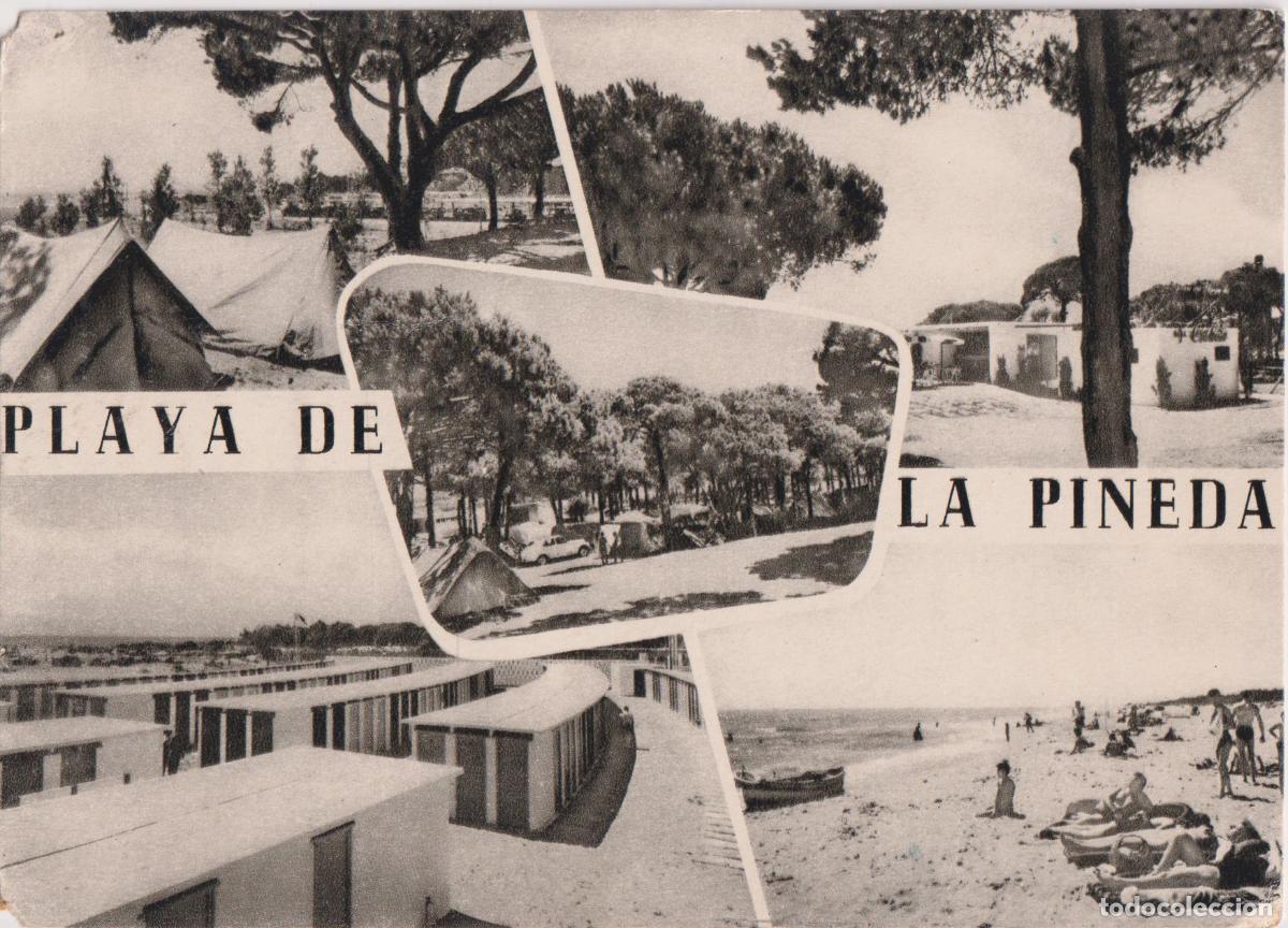 Postales: CASTELLDEFELS (BARCELONA) PLAYA DE LA PINEDA, VARIAS VISTAS &ndash; FOTOGRAFIA SOBERANAS &ndash; DORSO MAPA