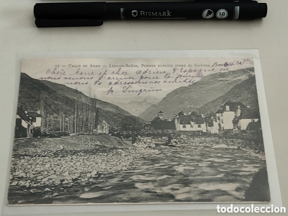 Postales: Tarjeta postal Valle de Aran L&eacute;rida Los ba&ntilde;os puente r&uacute;stico sobre Garuna dorso sin dividir n&uacute;mer 12