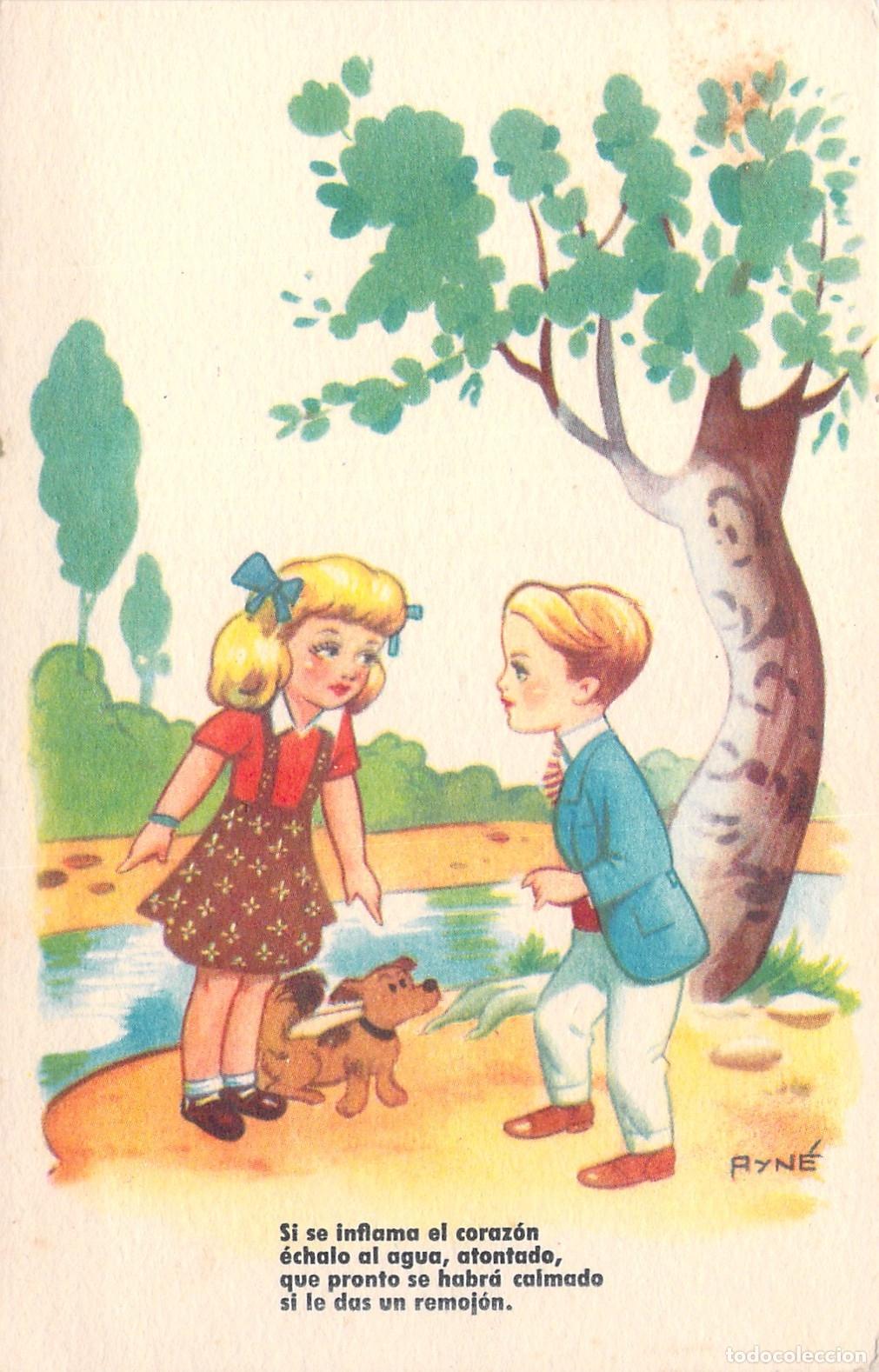 Postales: Postal ilustrada infantil con ni&ntilde;os y perro de Ayn&eacute;