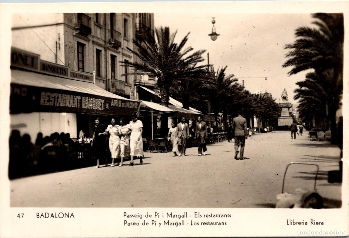 Postales: Badalona - Passeig de Pi i Margall - Els Restaurants - Llib. Riera 47 - 137x92mm