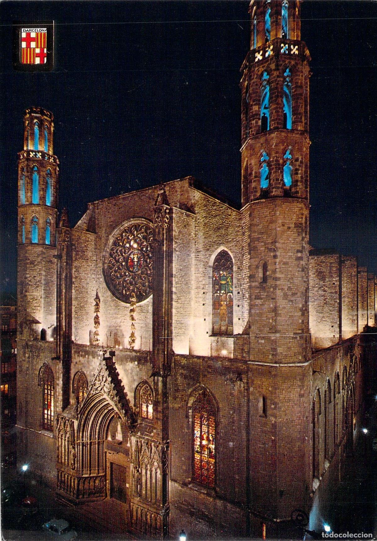 Postales: Postal de la Iglesia de Santa Maria del Mar en Barcelona de noche
