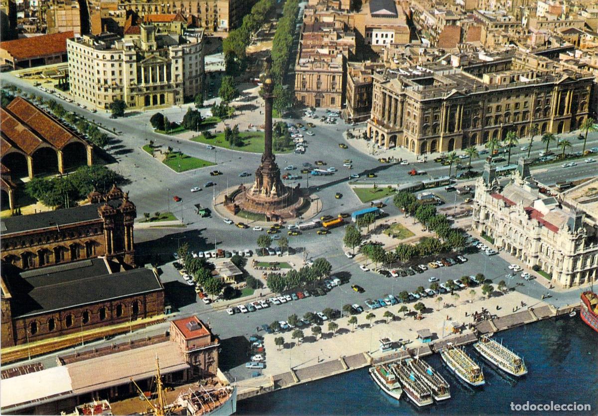 Postales: Postal de la Plaza de la Paz y Monumento a Col&oacute;n en Barcelona
