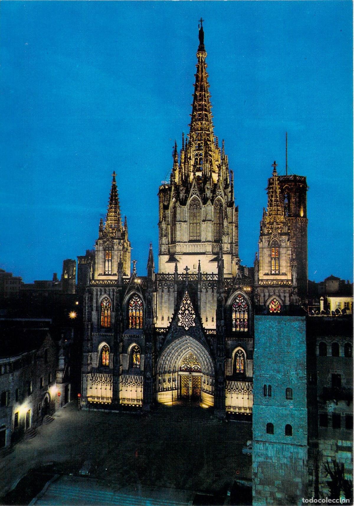Postales: Postal de la Catedral de Barcelona de noche