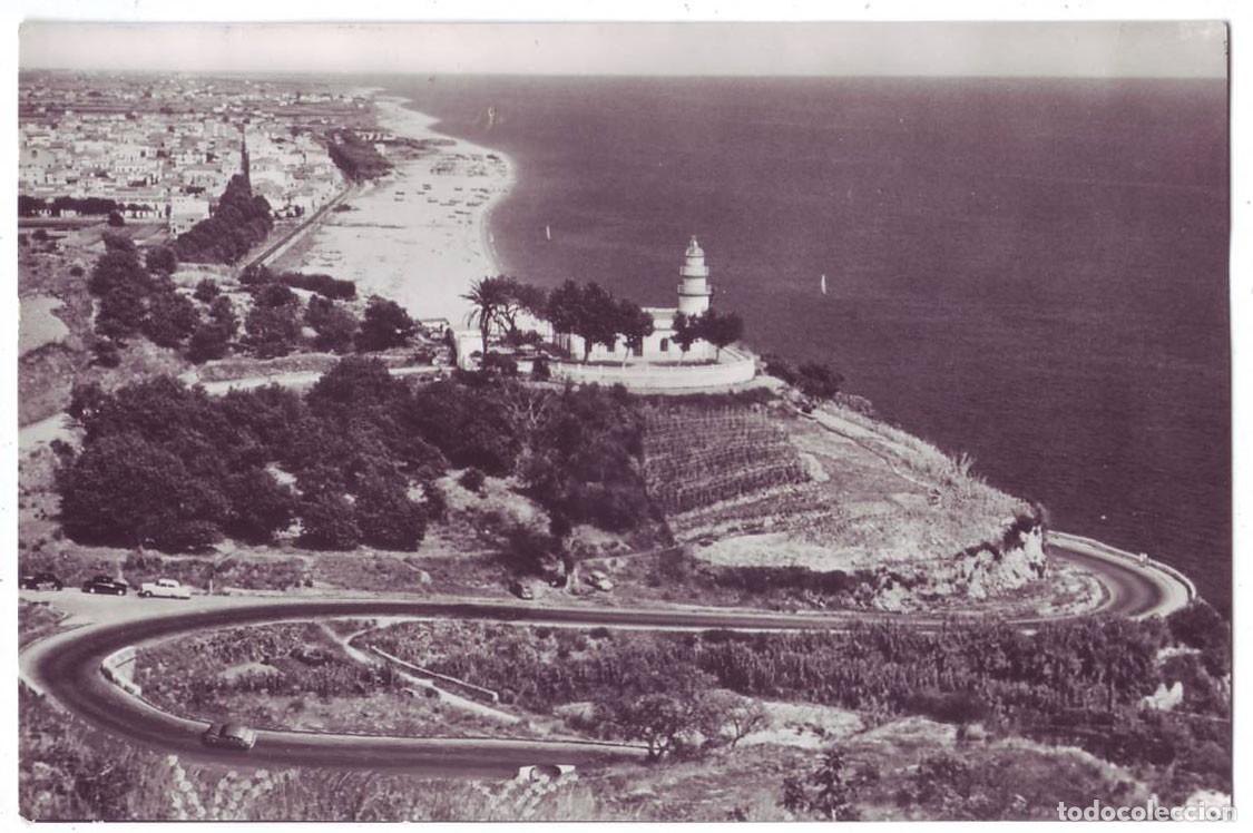 Postales: Calella (Barcelona): El Faro, y al fondo, la ciudad. Foto J. Ubach Puig. Circulada (A&ntilde;os 50)
