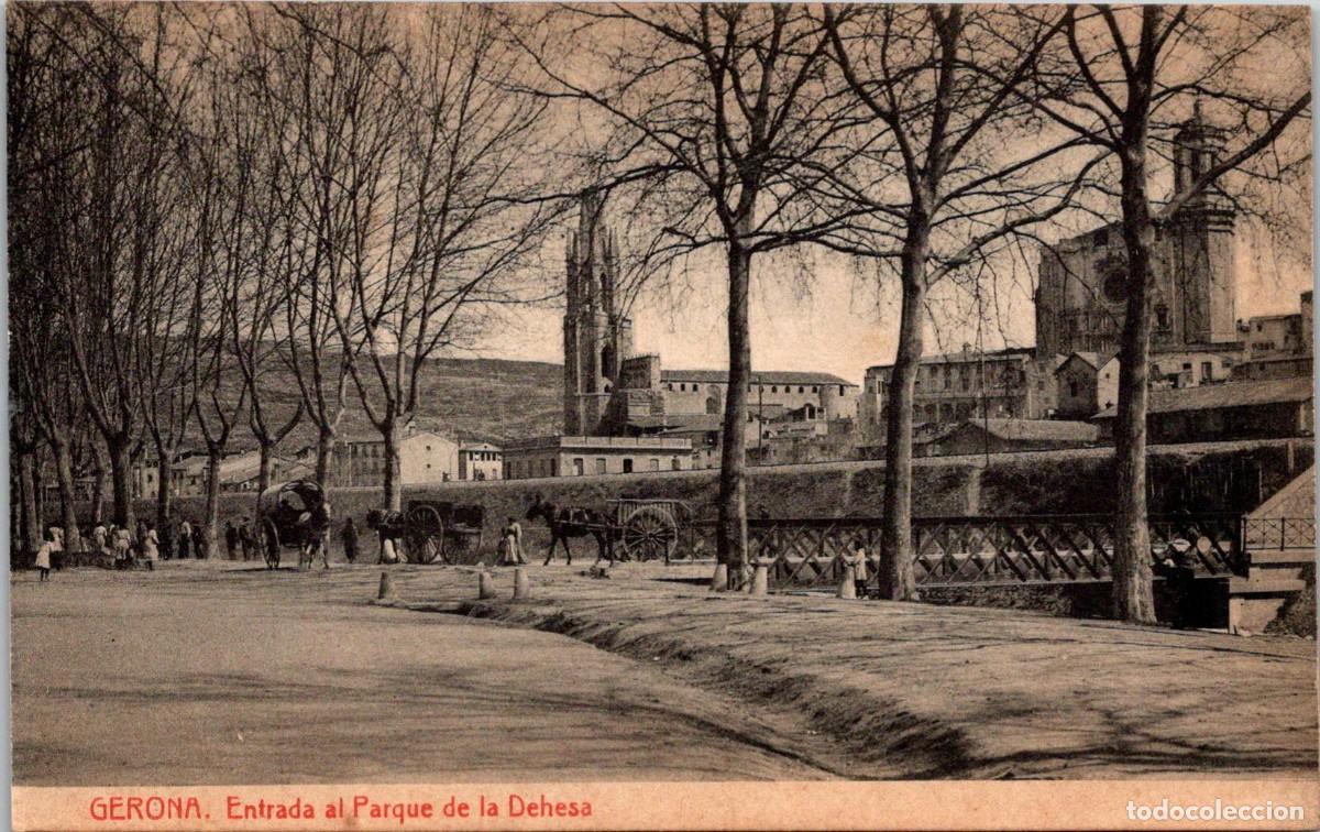 Postales: Gerona - Entrada al Parque de la Dehesa - F. Thomas 3223 - 138x88mm - Carros - Tartana