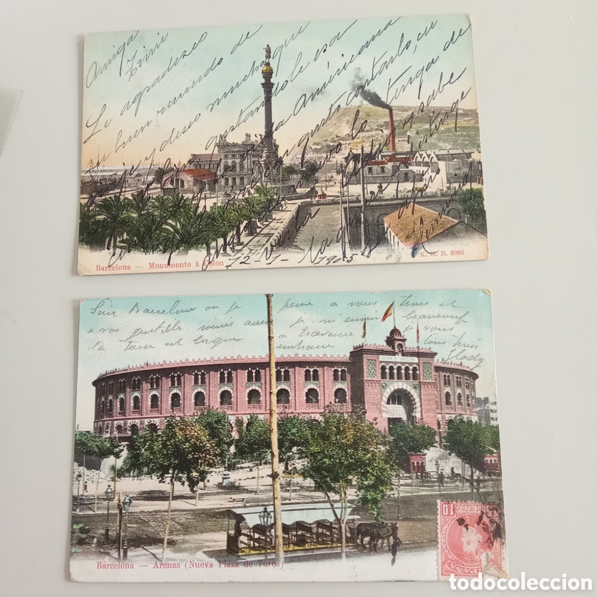 Postales: Lote de 2 Tarjetas postales Barcelona Monumento a Col&oacute;n Nueva plaza de toros Arenas edita K.H.B.