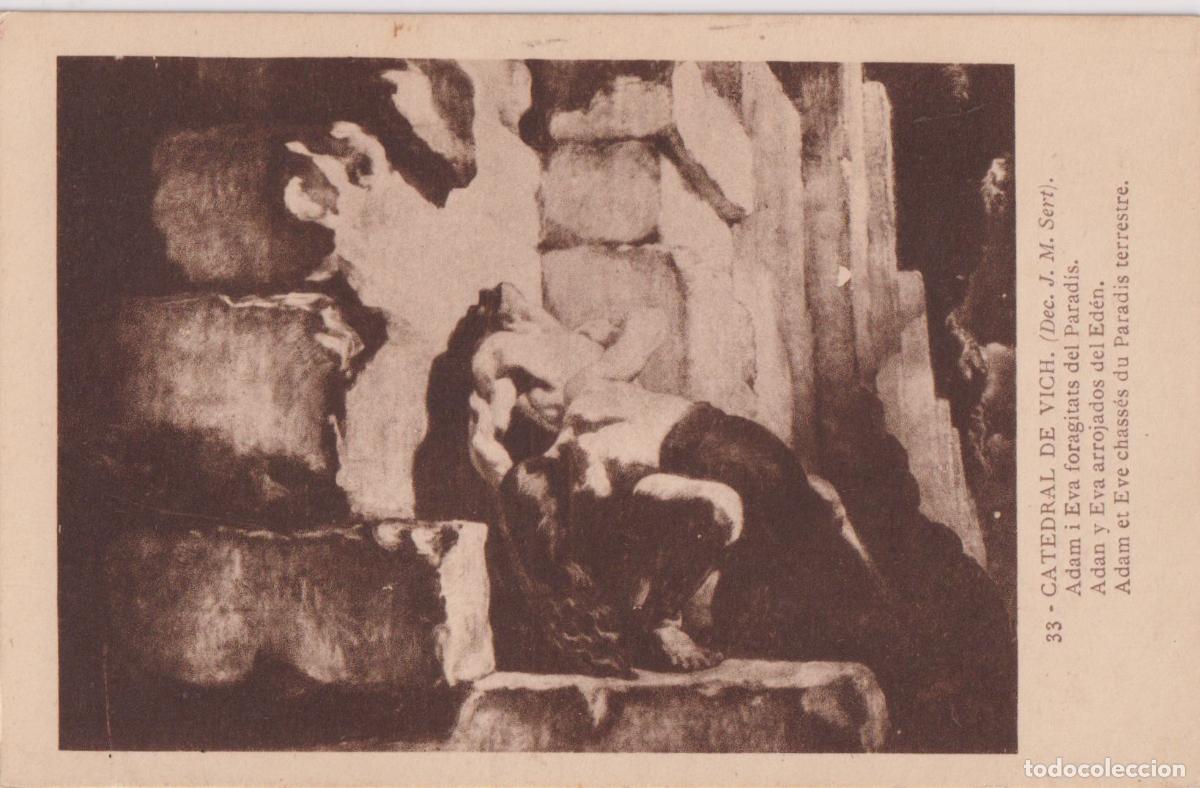 Postales: VIC, CATEDRAL, ADAN I EVA, FORAGITATS DEL PARADIS &ndash; J.M.SERT &ndash; FOTOTIPIA THOMAS &ndash; S/C