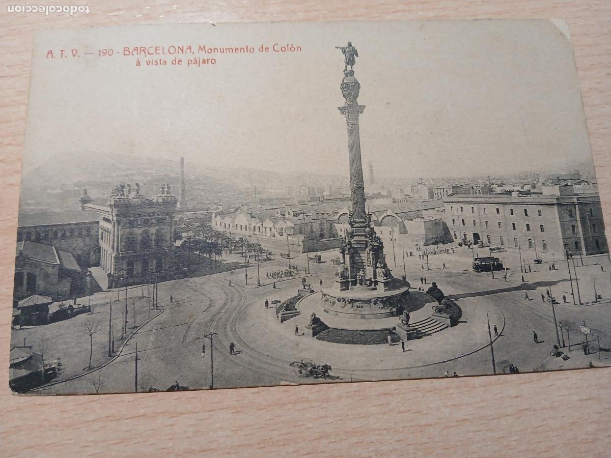 Postales: postal barcelona, monumento de colon a vista de pajaro, atv 190