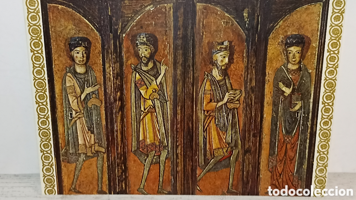 Postales: Serie rom&aacute;nica cuatro batientes de un pol&iacute;ptico pintado con la Virgen y los Magos de Oriente