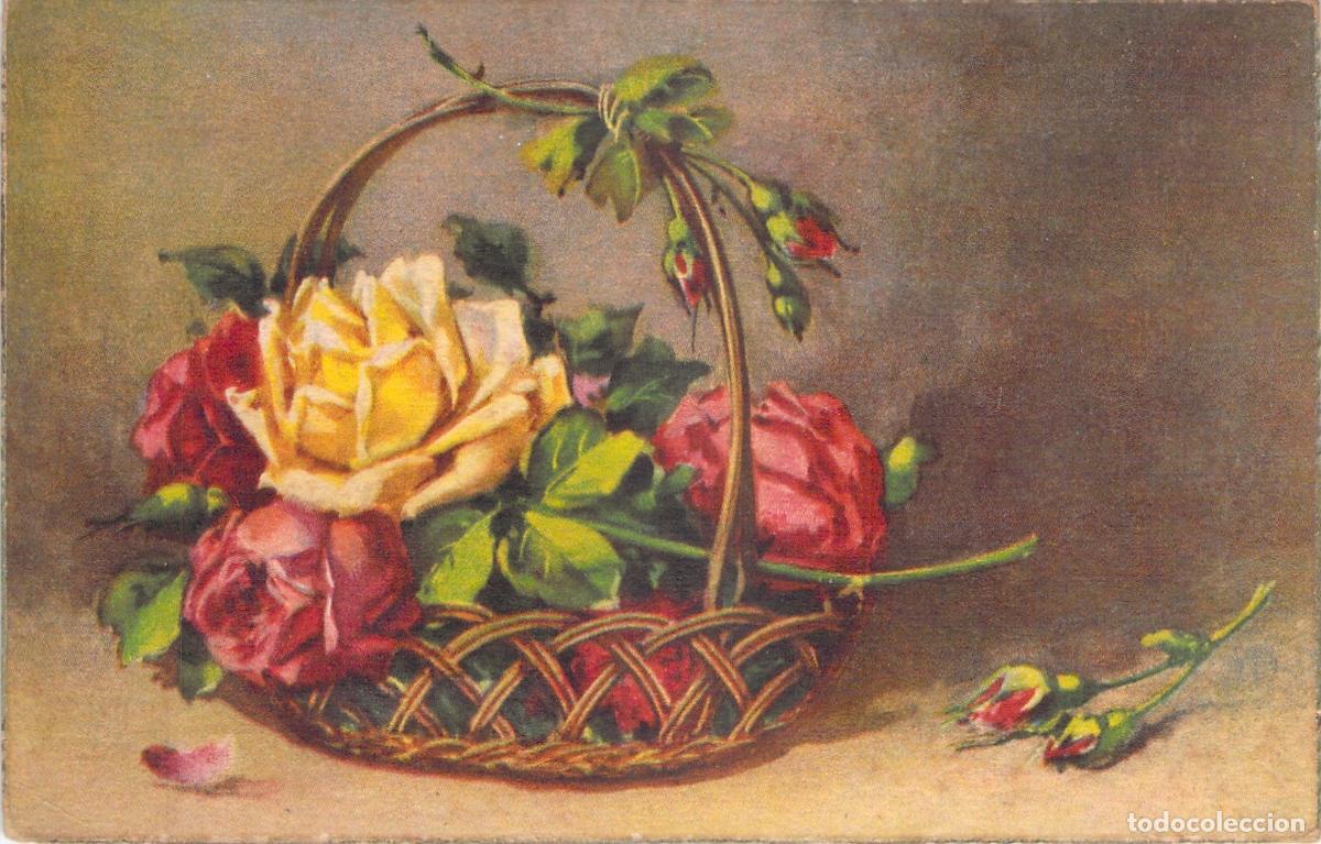 Postales: Postal de arte cl&aacute;sico con cesta de rosas