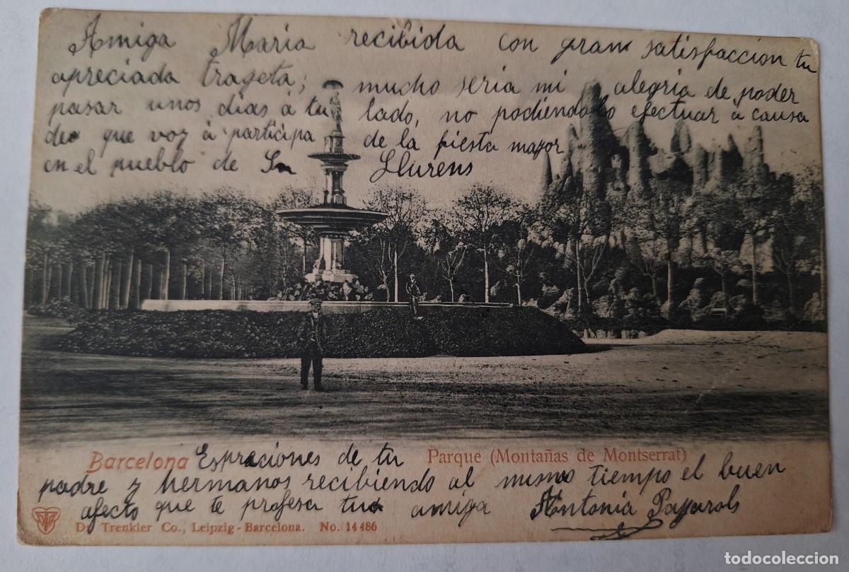 Postales: BARCELONA - POSTAL MUY ANTIGUA MANUSCRITA EN 1910 - PARQUE (MONTA&Ntilde;AS DE MONTSERRAT)