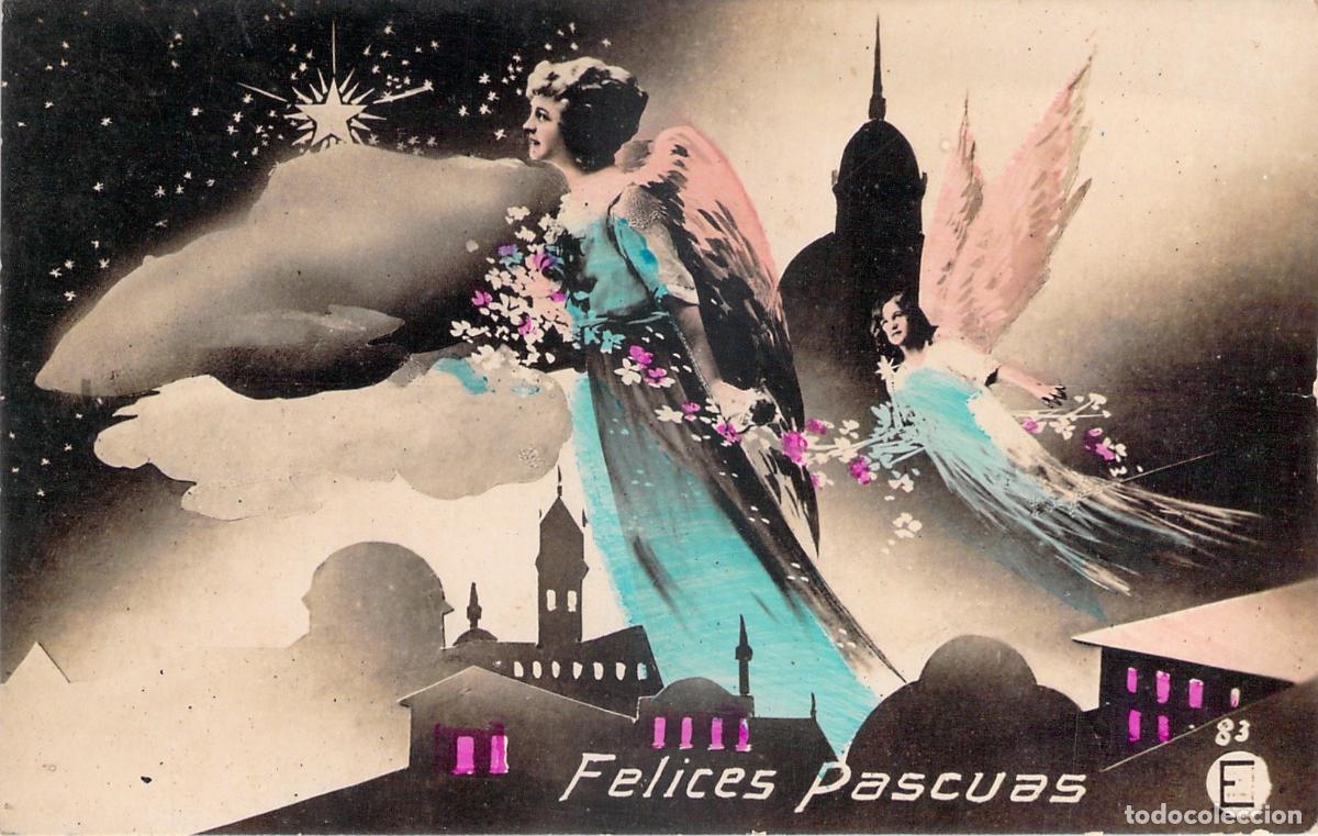 Postales: Postal con Ilustraci&oacute;n de &Aacute;ngeles y Felices Pascuas