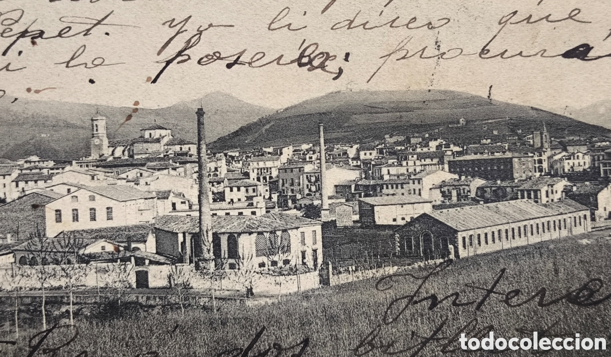 Postales: OLOT F&Agrave;BRICA DESCALS I CAN FILATS POSTAL CIRCULADA FOTOTIPIA 1906