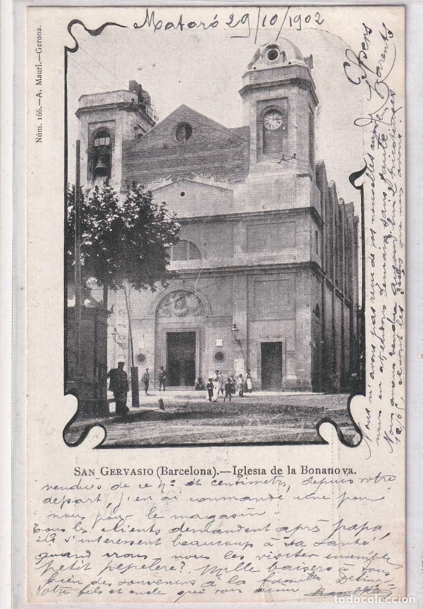 Postais: San Gervasio Barcelona. Iglesia de la Bonanova. Num 166 A. Mauri Circulada con ambulante.