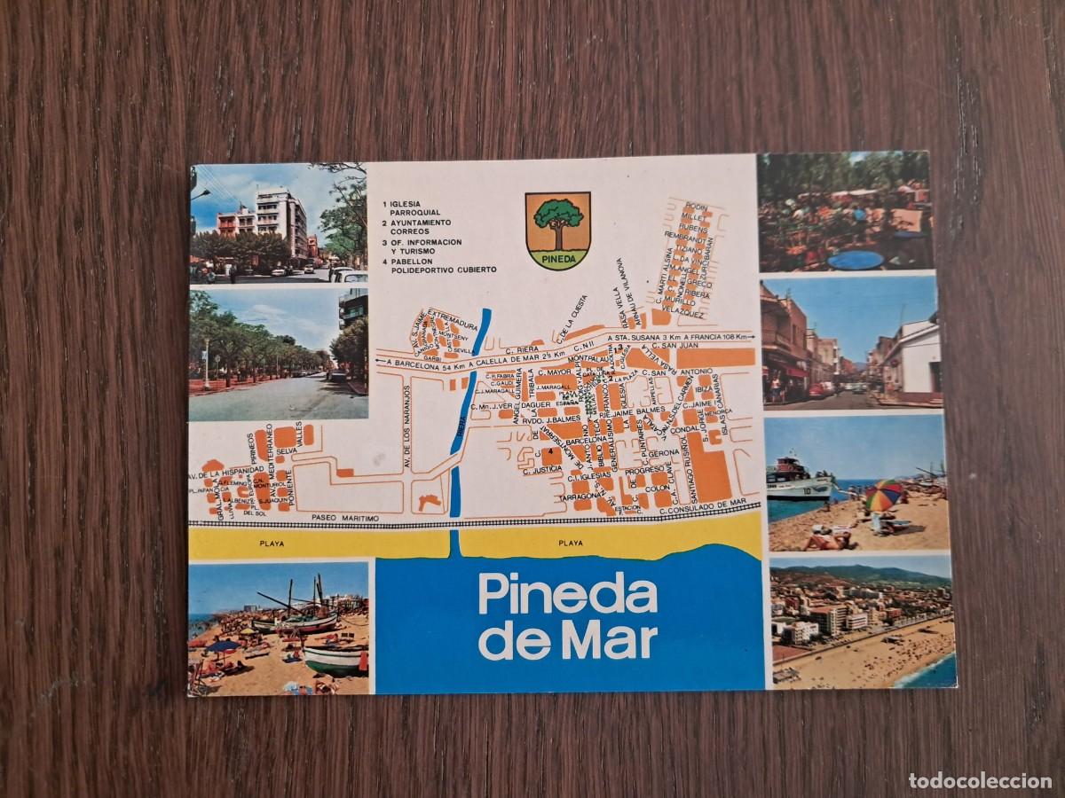 Postales: postal de Espa&ntilde;a, diferentes vistas y plano de Pineda de Mar, Costa Dorada.