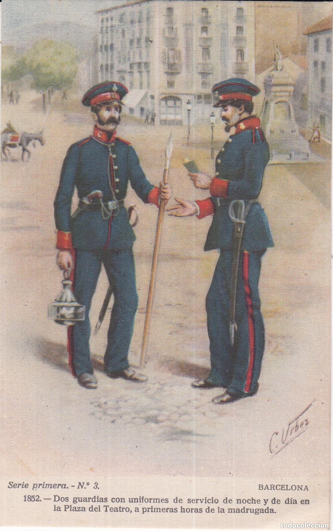 Postais: BARCELONA, 1852, 2 GUARDIAS PLAZA TEATRO, ILUSTRADOR: URBEZ - SERIE 1&ordf; N&ordm;3 - DORSO EN BLANCO