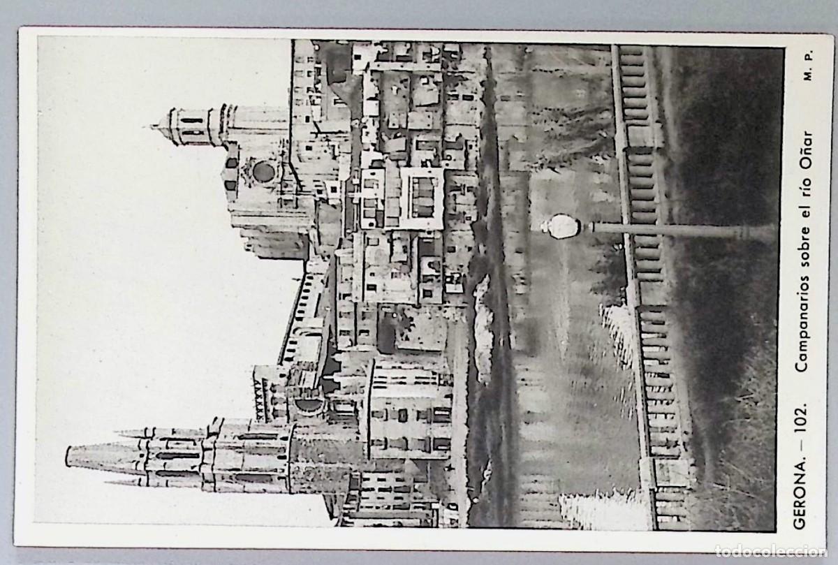 Postales: GERONA (GIRONA). COMPA&Ntilde;EROS SOBRE EL R&Iacute;O ONYAR.Tarjeta postal antigua en blanco y negro