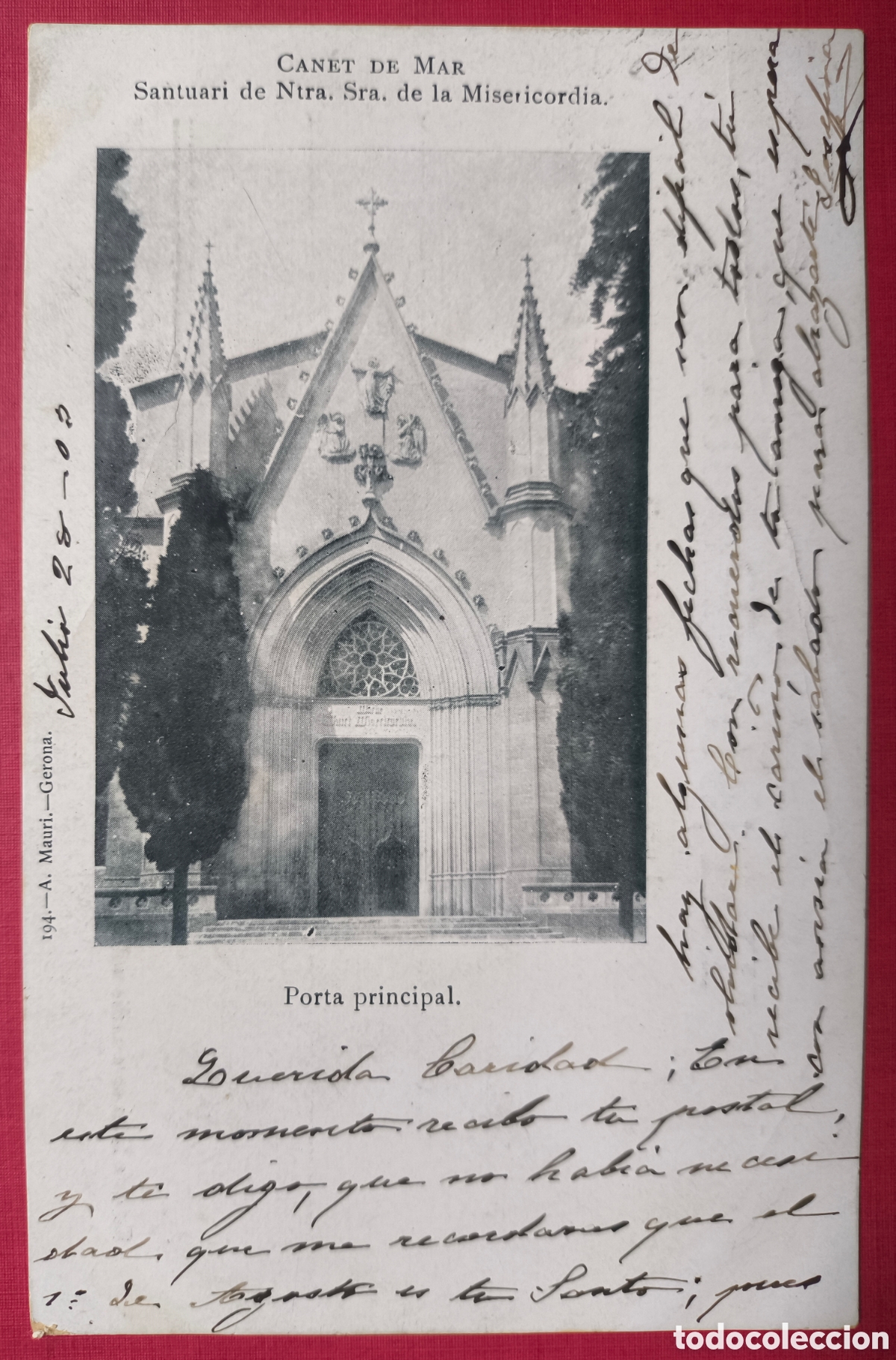 Postales: CANET DE MAR ESGL&Eacute;SIA MISERIC&Ograve;RDIA POSTAL CIRCULADA FOTOTIPIA 1903