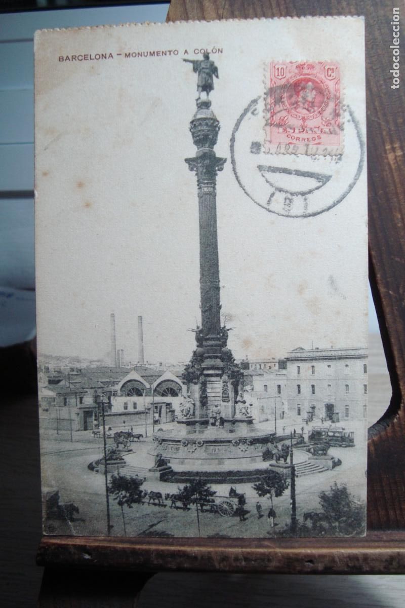 Postales: ANTIGUA POSTAL MONUMENTO COLON BARCELONA 1918. JOSE FERRER MARTI. TRATANTE CARNES. ABEL MESQUITA