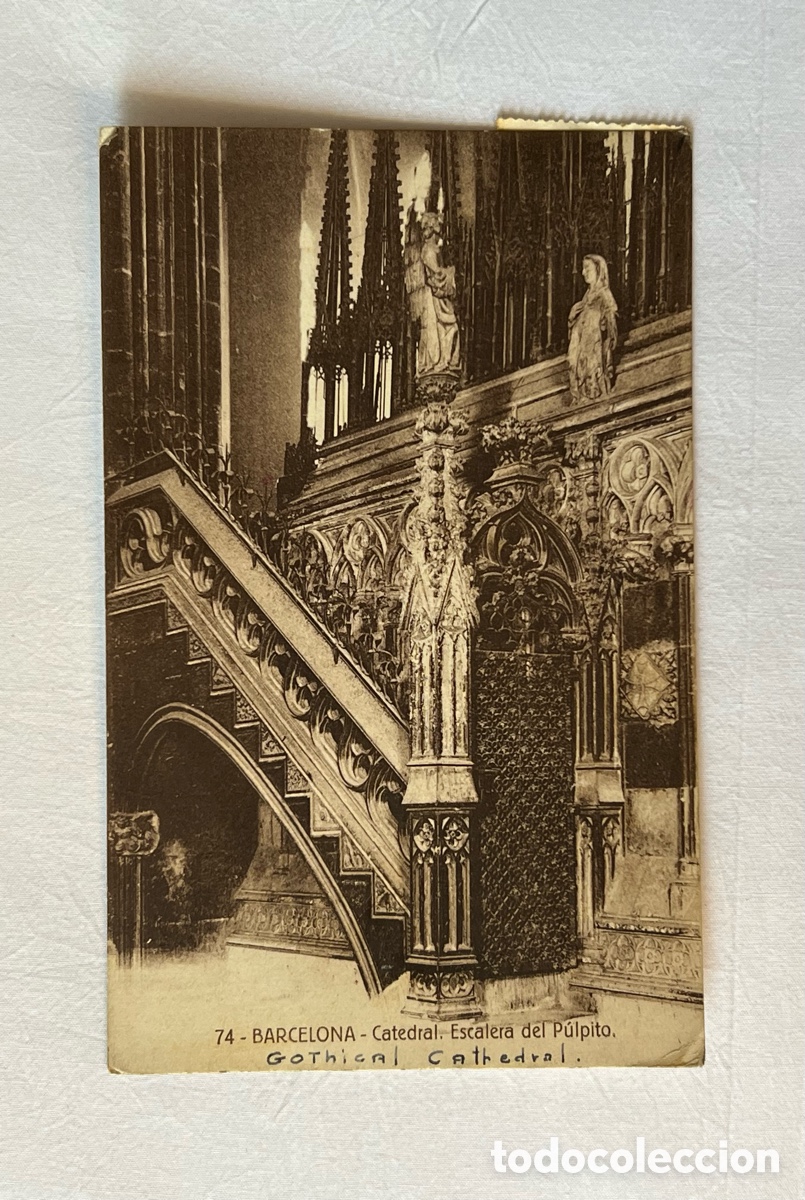 Postales: BARCELONA Catedral. Escalera del p&uacute;lpito. Circulada a Birmingham. Jos&eacute; Ma. Torras Foulon (a.1949)